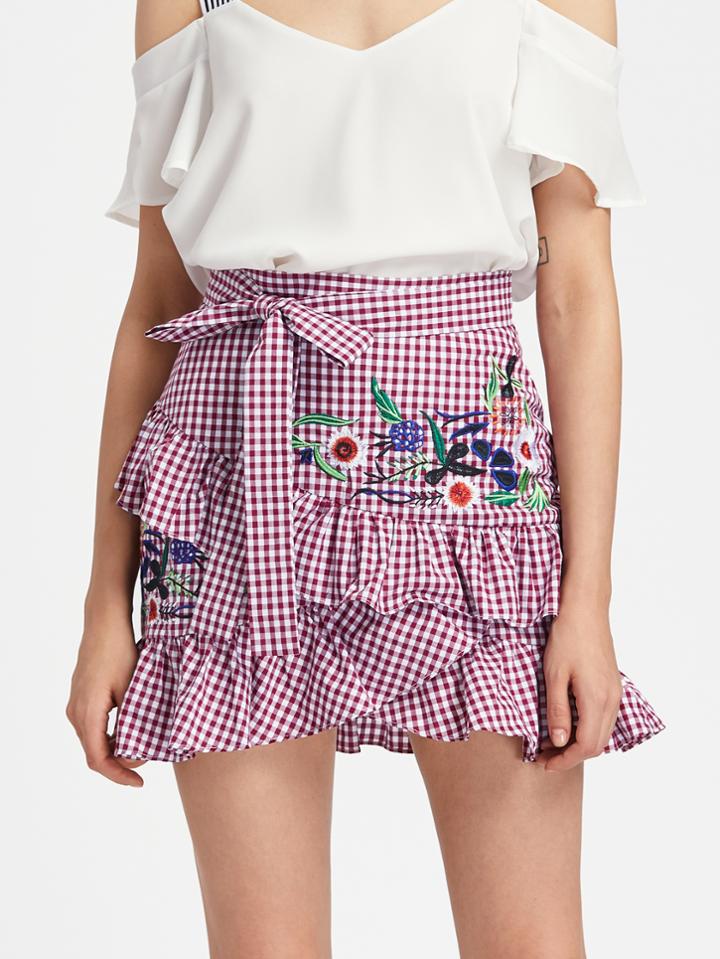 Shein Self Belt Embroidered Asymmetric Ruffle Checkered Skirt
