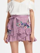 Shein Self Belt Embroidered Asymmetric Ruffle Checkered Skirt