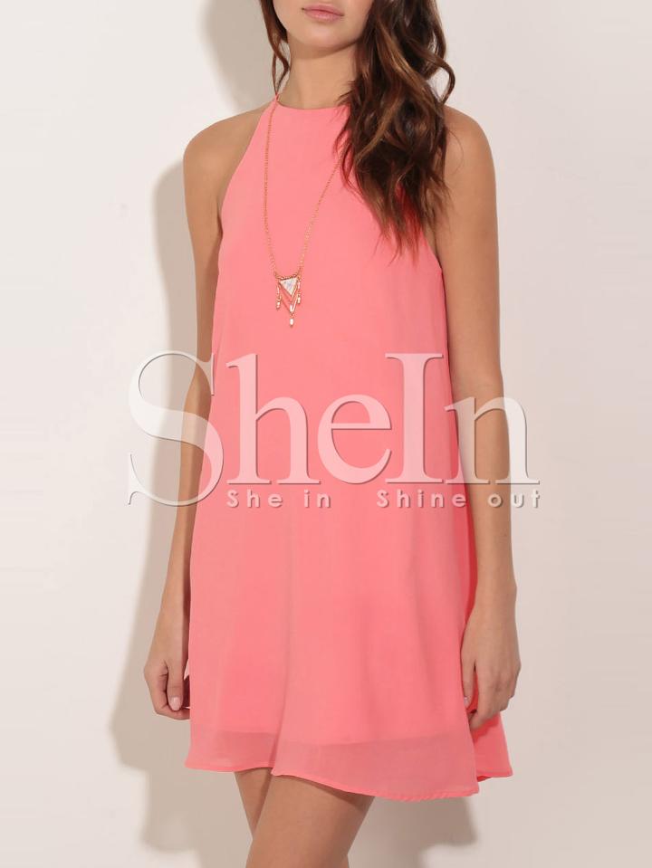 Shein Pink Crew Neck Keyhole Back Chiffon Dress