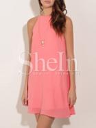 Shein Pink Crew Neck Keyhole Back Chiffon Dress