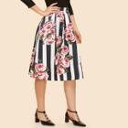 Shein Rose & Striped Print Box Pleated Skirt