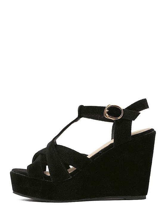 Shein Black Peep Toe Crisscross Faux Suede Wedge Heels