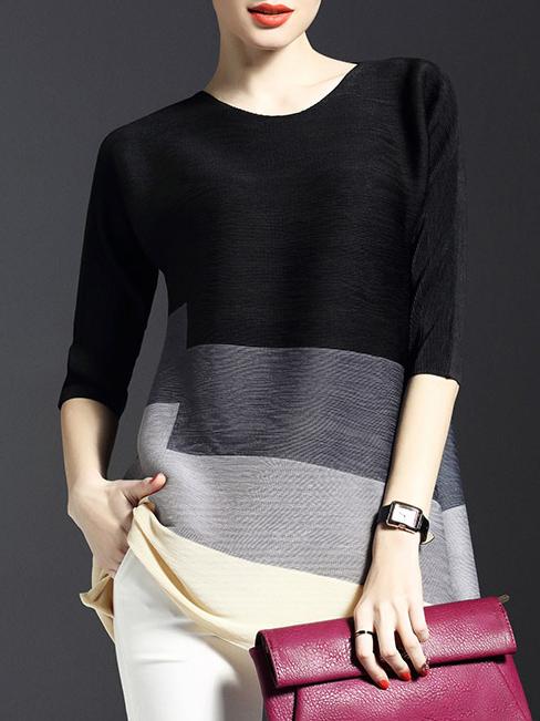 Shein Black Color Block Pleated Elastic Shift Dress