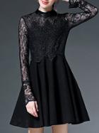 Shein Black Round Neck Long Sleeve Lace Contrast Pu Dress