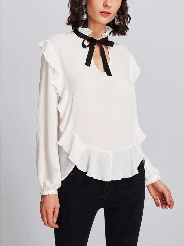 Shein Flounce Curved Hem Tied Neck Blouse