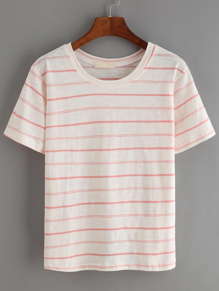 Shein White Red Short Sleeve Striped T-shirt