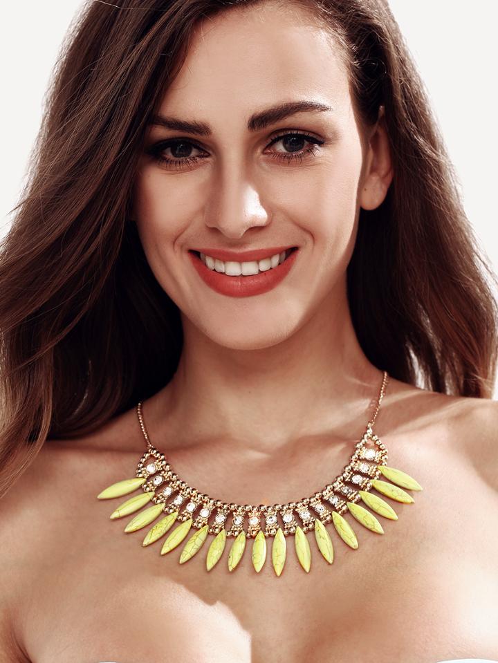 Shein Yellow Cuspid Rhinestone Pendant Necklace