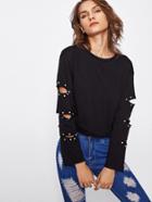 Shein Pearl Beading Ripped Sleeve Pullover
