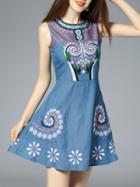 Shein Blue Embroidered A-line Denim Dress