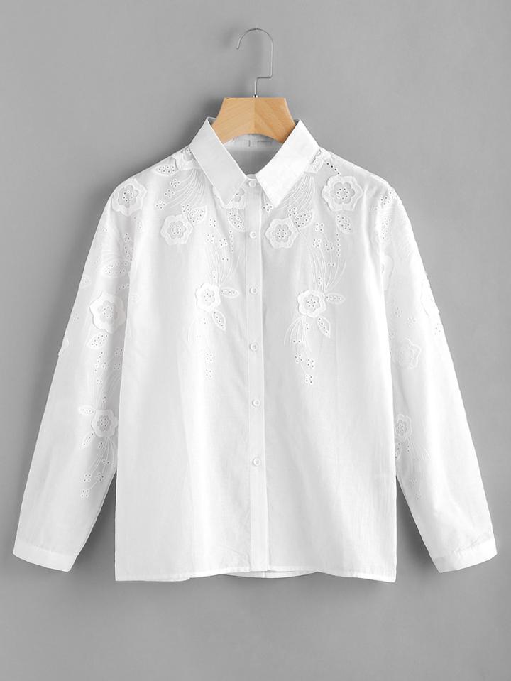 Shein Flower Embroidery Single Breasted Blouse