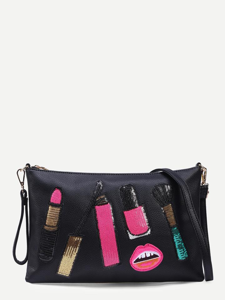 Shein Black Sequin Lipstick Patch Wristlet With Strap