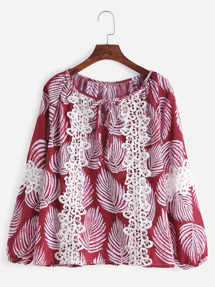 Shein Burgundy Leaves Print Appliques Trim Blouse