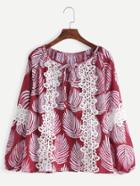 Shein Burgundy Leaves Print Appliques Trim Blouse
