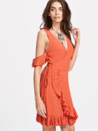 Shein Orange Cold Shoulder Surplice Wrap Ruffle Dress