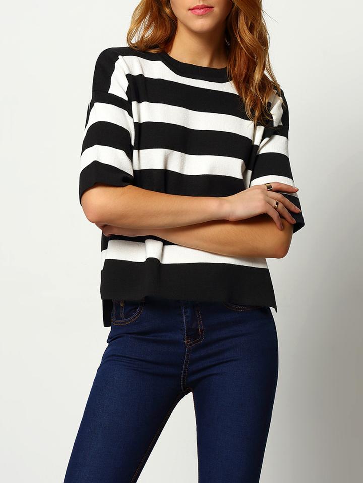 Shein Black White Split Striped Dip Hem Sweater