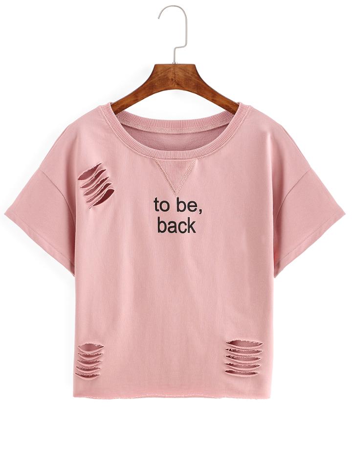 Shein Pink Short Sleeve Ripped Letters Print T-shirt