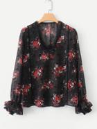 Shein Lace Trim Fluted Sleeve Calico Blouse