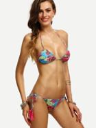 Shein Multicolor Feather Print Side Tie Bikini Set