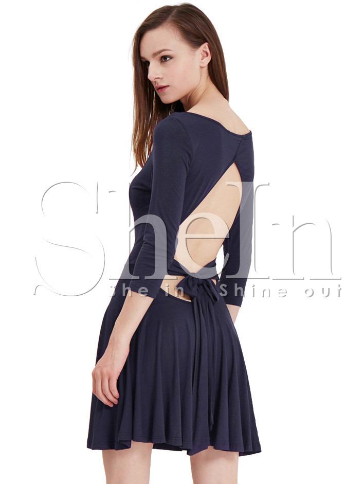 Shein Navy Bodysuit Half Sleeve Cut Out Back Bow Dress