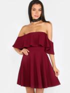 Shein Off The Shoulder Ruffle Skater Dress Burgundy