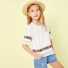 Shein Girls Fringe Trim Embroidered Blouse