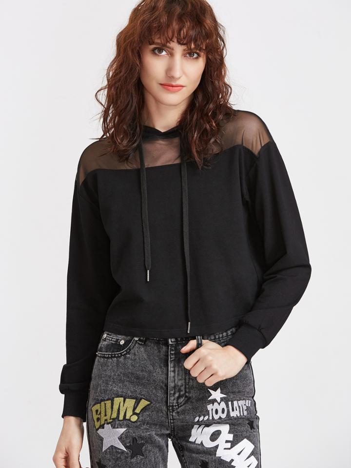 Shein Black Sheer Mesh Shoulder Hoodie