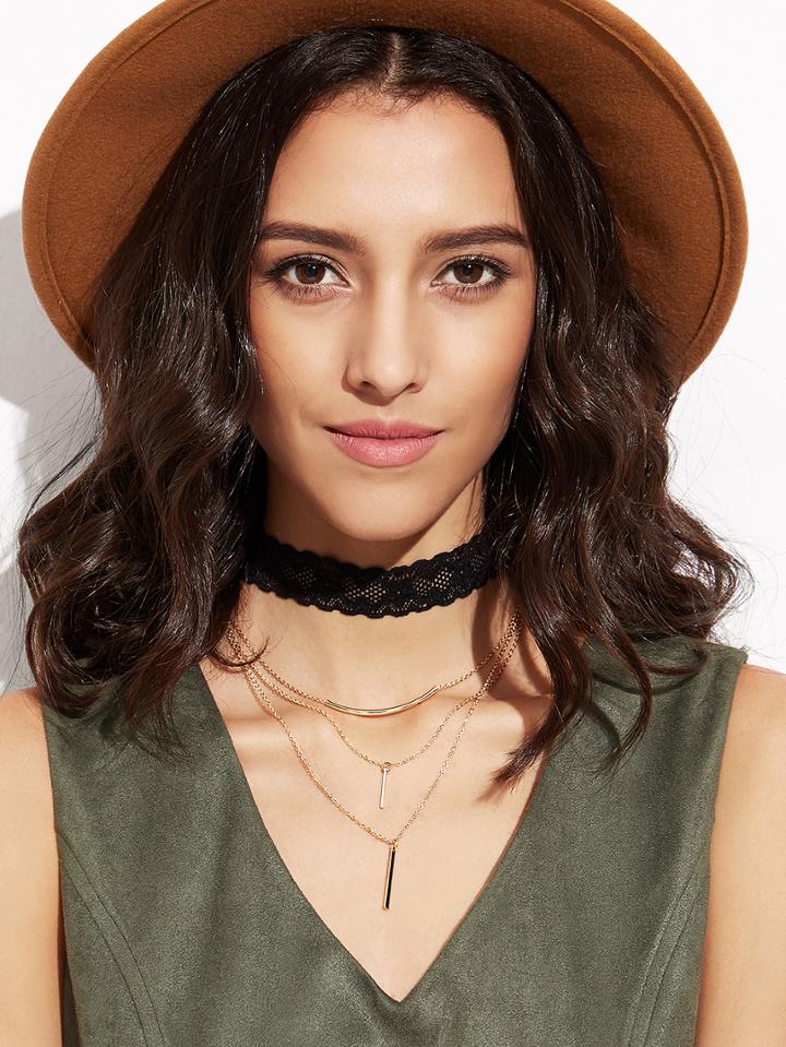 Shein Layered Bar Pendant Black Scalloped Lace Choker Necklace