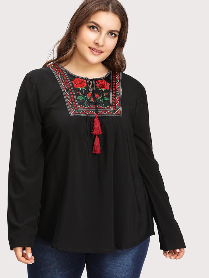 Shein Floral Embroidered Tassel Detail Tee