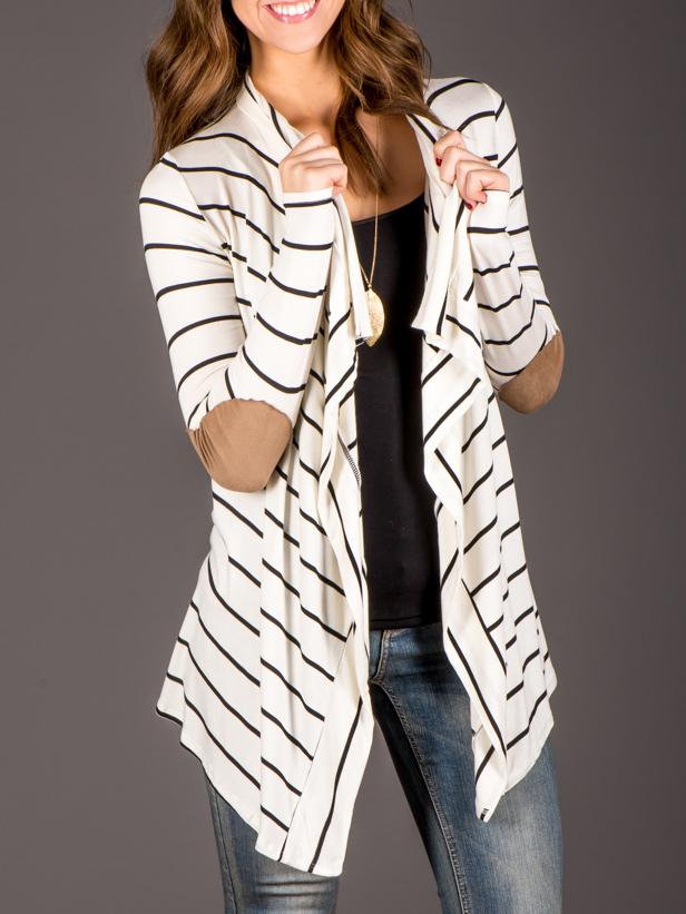 Shein White Drape Front Striped Patch Coat