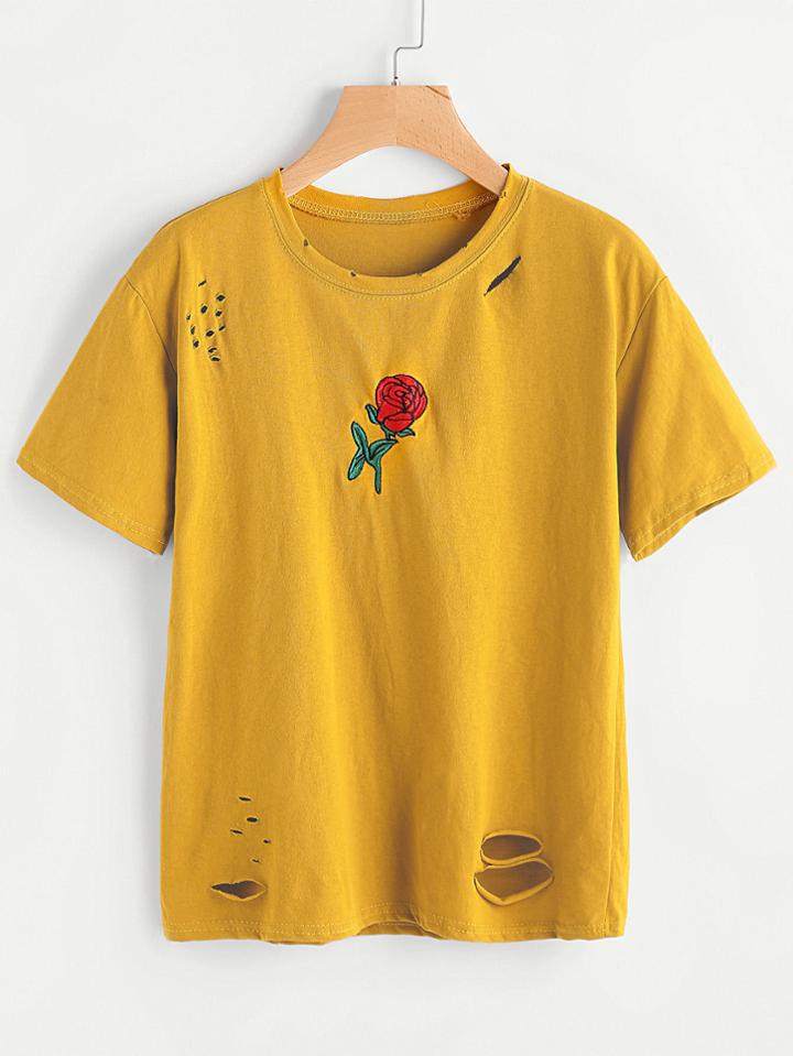 Shein Rose Embroidered Ripped Tee