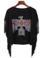 Shein Eagle Print Fringe Trimmed Black T-shirt