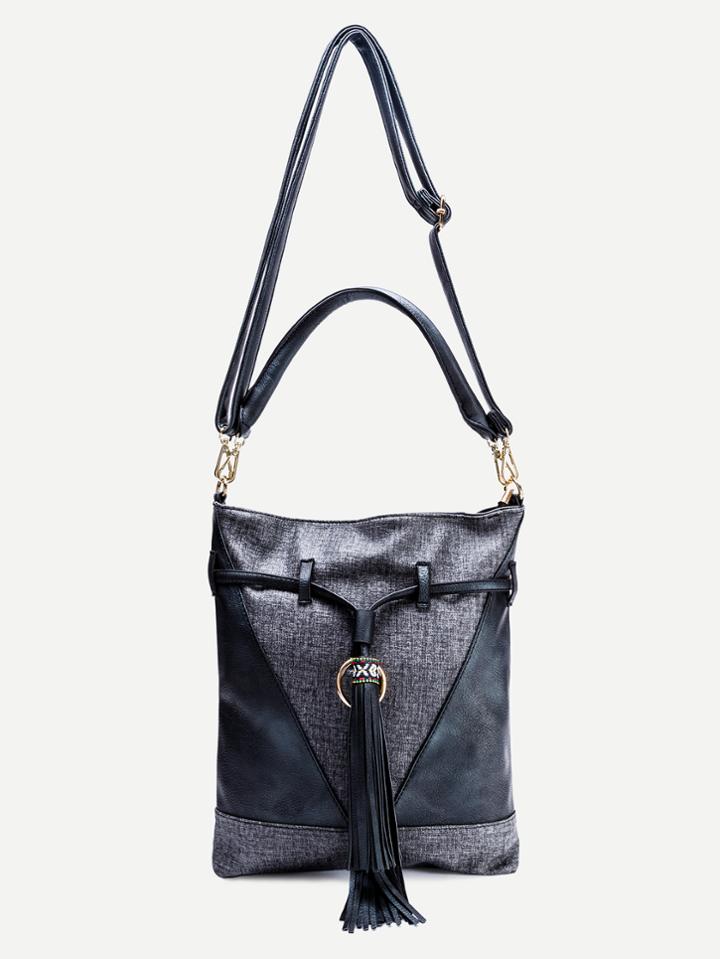 Shein Black Faux Leather Tassel Trim Drawstring Shoulder Bag