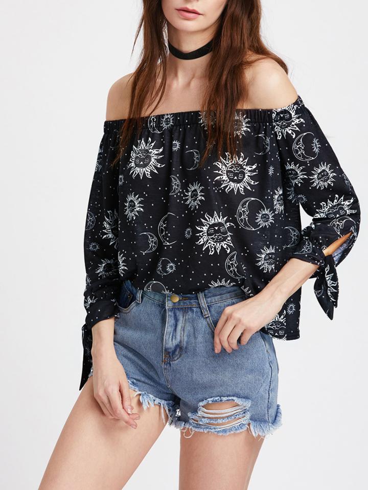 Shein Bardot Sun And Moon Print Tie Sleeve Top