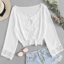 Shein Lace Panel Fringe Tie Blouse