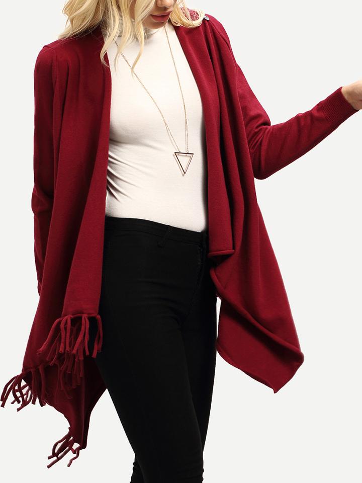 Shein Wine Red Open Front Hanky Hem Fringe Sweater