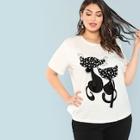 Shein Plus Cat Print Pearl Beading T-shirt
