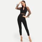 Shein Pearls Beaded Mesh Contrast Solid Jumpsuit