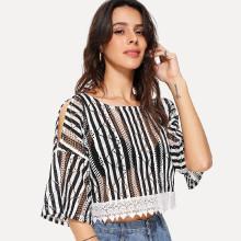 Shein Open Shoulder Striped Lace Crop Top