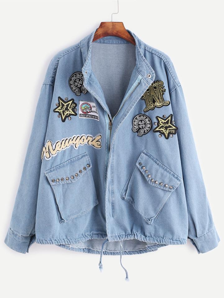 Shein Blue Embroidered Patches Studded Embellished Drawstring Denim Coat