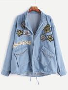 Shein Blue Embroidered Patches Studded Embellished Drawstring Denim Coat