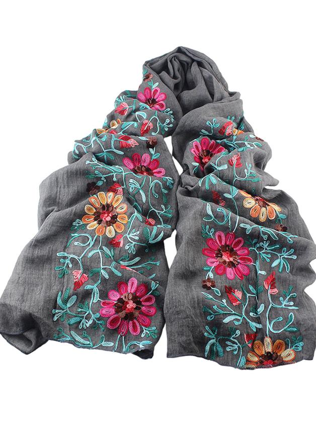 Shein Darkgray Flower Printed Boho Style Wide Cotton Scarf For Ladies