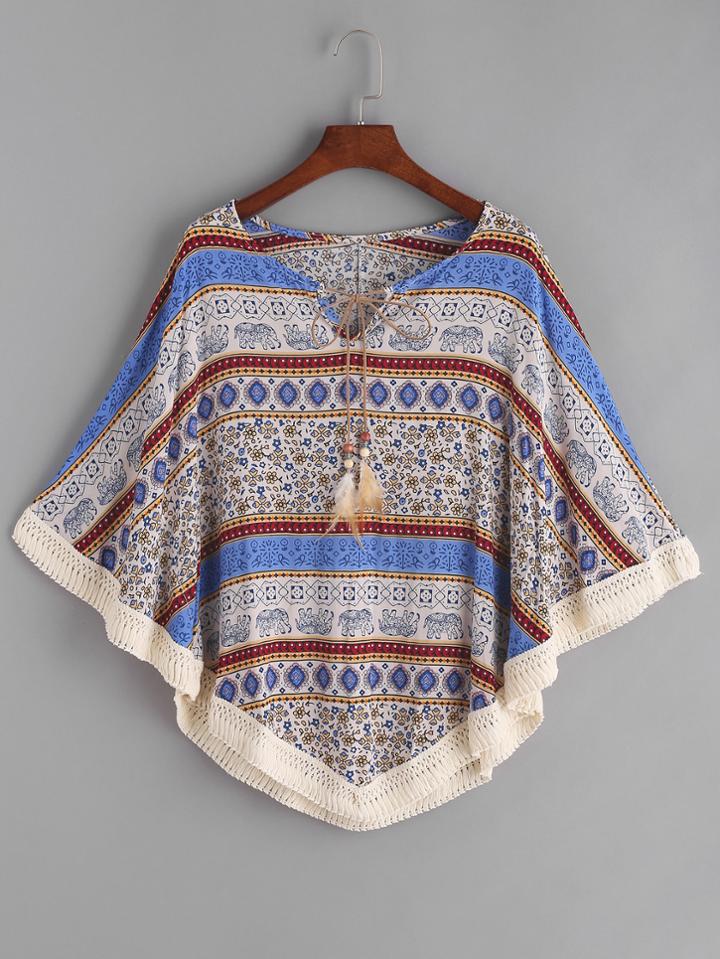 Shein Batwing Sleeve Self Tie Feather Crochet Hem Top
