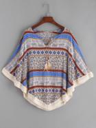 Shein Batwing Sleeve Self Tie Feather Crochet Hem Top