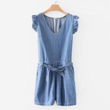 Shein Frill Trim Knot Front Denim Romper