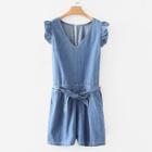 Shein Frill Trim Knot Front Denim Romper