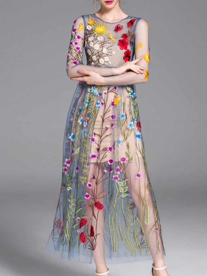 Shein Blue Sheer Gauze Embroidered Maxi Dress