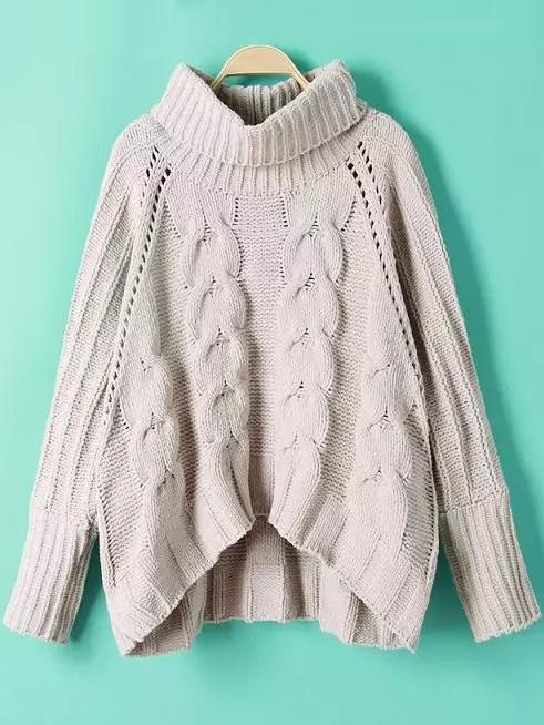 Shein Cable Knit Turtleneck Raglan Sleeve Asymmetrical Sweater