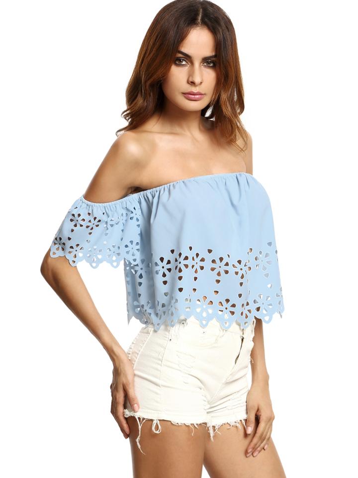 Shein Blue Off The Shoulder Hollow Crop Blouse