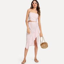 Shein Tied Back Striped Cami & Ruffle Wrap Skirt Set