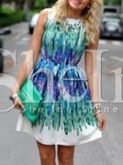 Shein White Green Sleeveless Feather Print Dress